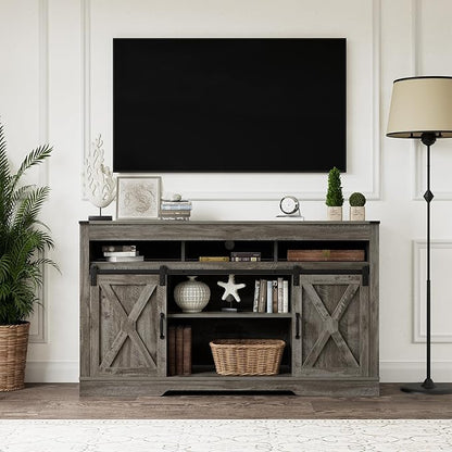 Farmhouse TV Stand with Sliding Barn Door for TVs up to 65+ Inch, 34" Tall Entertainment Center, Wood Media Console Storage Cabinet for Bedroom, Living Room, Light Grey - LeafyLoom