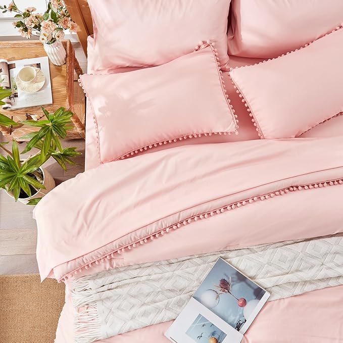 Anluoer King Comforter Set 7 Piece, Pink Bed in a Bag with Sheets, Pom Pom Boho Bedding Comforter Sets with 1 Comforter, 2 Pillow Shams, 2 Pillowcases, 1 Flat Sheet, 1 Fitted Sheet - LeafyLoom