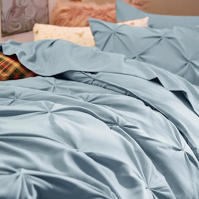 Bedsure Twin XL Comforter Set for Boys - Extra Long 5 Pieces Dorm Bedding Sets, Pinch Pleat Light Blue Bed in a Bag with Comforter, Sheets, Pillowcase & Sham - LeafyLoom