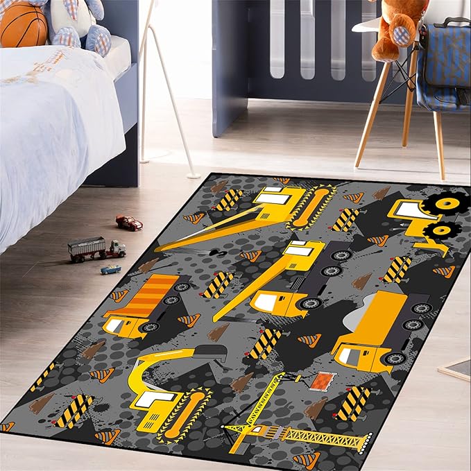 Construction Rugs for Boys Room Play Rug for Cars and Trucks Car Rug Play Mat Kids Rugs for Playroom Car Rug for Boys Room Construction Decor for Boys Room,Grey 3'×4' - LeafyLoom