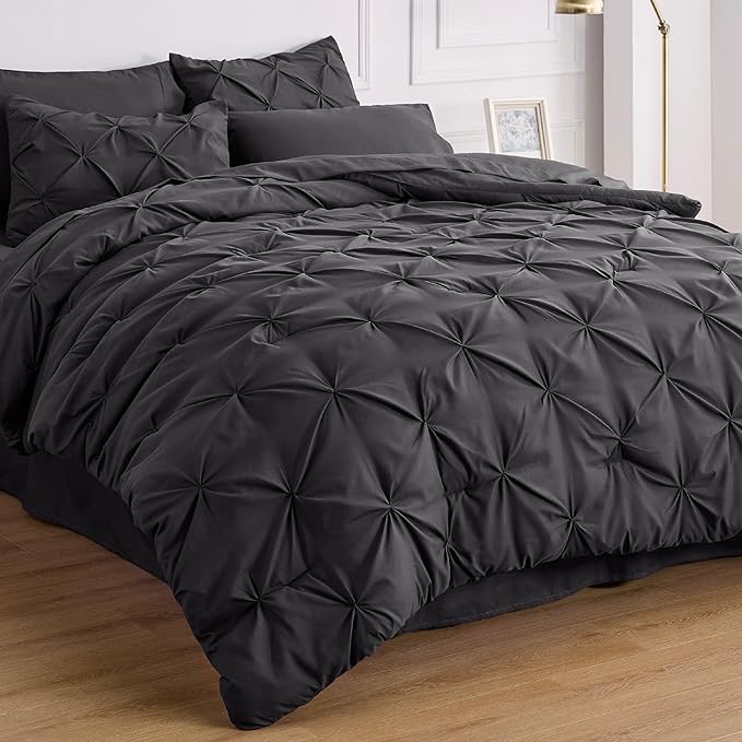 Bedsure Dark Grey Comforter Set Queen - Bed in a Bag Queen 7 Pieces, Pintuck Bedding Sets Dark Grey Bed Set with Comforter, Sheets, Pillowcases & Shams - LeafyLoom