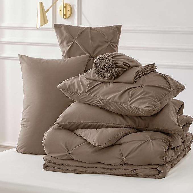 Bedsure Brown Comforter Set Queen - Bed in a Bag Queen 7 Pieces, Pintuck Beddding Sets Brown Bed Set with Comforter, Sheets, Pillowcases & Shams - LeafyLoom