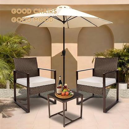 YIYAN Patio Furniture Set 3 Pieces Outdoor Rattan Chair Wicker Sofa Garden Conversation Bistro Sets with Coffee Table,Comfortable Washable Cushions (White) - LeafyLoom