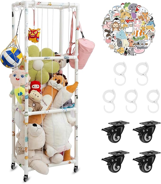 X-Large Plush Stuffed Animal Zoo Cage with Wheels, 67.7'' Stuffed Animal Storage Zoo Holder Standing, Toy Storage Organizer Shelves Basket with Net for Playroom, Bedroom, Nursery - LeafyLoom