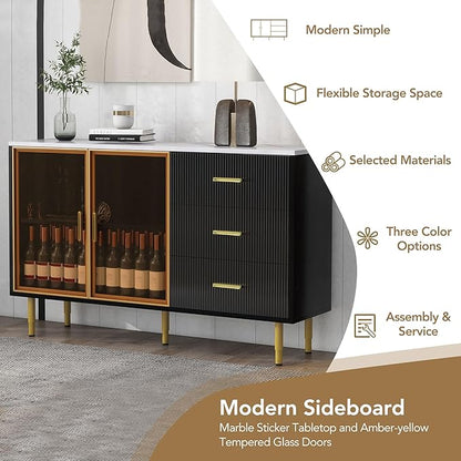 Modern Sideboard MDF with Marble Sticker Tabletop and Amber-Yellow Tempered Glass Doors,Freestanding Buffet Storage Cabinet,W/Gold Metal Legs & Handles,for Dining Room,Kitchen,Black, 60" - LeafyLoom