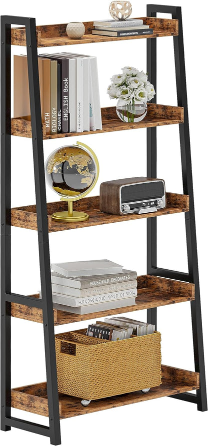 IRONCK Industrial Bookshelf 5-Tier 31.5in Wide, Bookcase Ladder Shelf, Storage Shelves Rack Shelf Unit, Accent Furniture Metal Frame, Home Office Furniture for Bathroom, Living Room - LeafyLoom