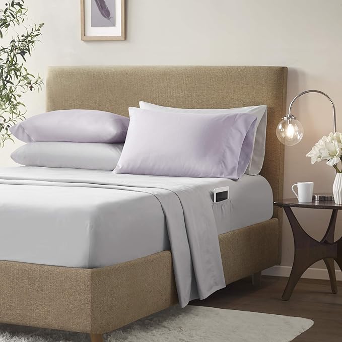 Comfort Spaces Bed in A Bag - Trendy Casual Design Cozy Comforter with Complete Sheet Set with Side Pocket, All Season Cover, Matching Shams Queen(90"x90"), Kate, Grey/Purple 9 Piece - LeafyLoom