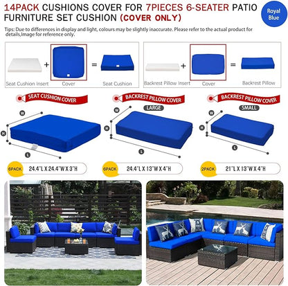 ClawsCover 14Pack Outdoor Patio Seat and Back Cushions Replacement Covers Fit for 7Pieces 6-Seater Wicker Rattan Sectional Couch Chair Furniture Set,Royal Blue-Include Cover Only (Small) - LeafyLoom