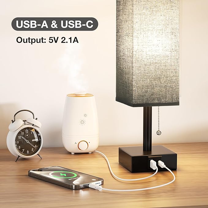 Black Small Table Lamp for Bedroom - 3 Color Temperature 3000K 5000K 4000K Bedside Lamp, Pull Chain Control, USB A and C Charging Ports, Black Base, for Kids Office Dorm Nightstand, Bulb Included - LeafyLoom