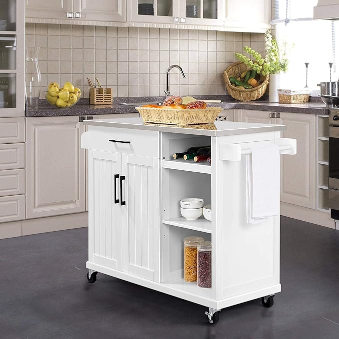 Yaheetech Kitchen Island Cart with Stainless Steel Top, Rolling Storage Cabinet on Wheels with Drawer& Wine Rack & Spice Rack, Sideboard Buffet with Towel Bar, White - LeafyLoom