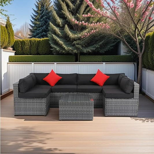 5-Pieces Patio Furniture Set with Coffee Table and 2 Pillows, PE Rattan Outdoor Conversation Sectional Sofa Seating Goup for Balcony Front Porch Backyard Law, Grey Wicker+Black Cushion - LeafyLoom