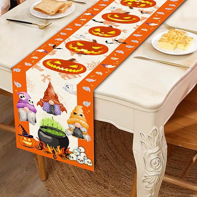 Halloween Table Runner, Halloween Table Runner 108 Inches Long, Halloween Gnomes Pumpkins Runners for Table, Black Cat Trick or Treat Decor Extra Long Burlap Runner Rug for Decorations Dining Room Unibyby