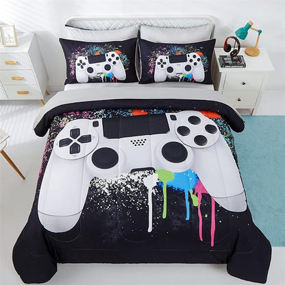 KAKKI 5 Piece Boys Queen Gamer Comforter Set with Sheets, 3D Colorful Video Game Controller Comforter for Kids Teen, All Season Soft Microfiber Gaming Bedding Set(White,Queen) - LeafyLoom