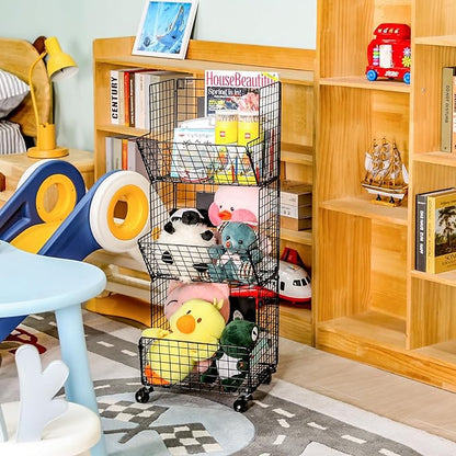 3 Tier Metal Wire Baskets - Toy Organizer Basket Shelf with Wheel, S-Hooks, Rolling Cart Hanging Storage Baskets for Child Room, Playroom, Bedroom, Kitchen (Black) - LeafyLoom