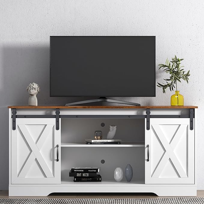 TV Stand with 2 Sliding Barn Doors, 59 Inch Television Stands with Adjustable Shelves for TVs Up to 65", Entertainment Center with Storage for Living Room, Distressed White - LeafyLoom