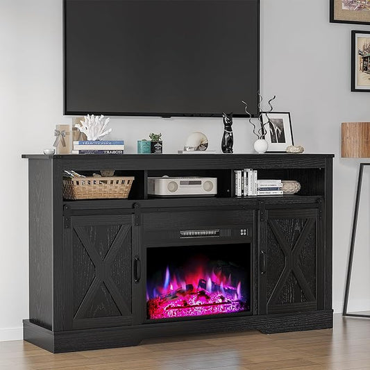 Farmhouse Fireplace TV Stand for 65+ Inch TV, Entertainment Center with 23" Electric Fireplace with Remote, Modern Rustic TV Console with Sliding Bar Door for Living Room, Black - LeafyLoom