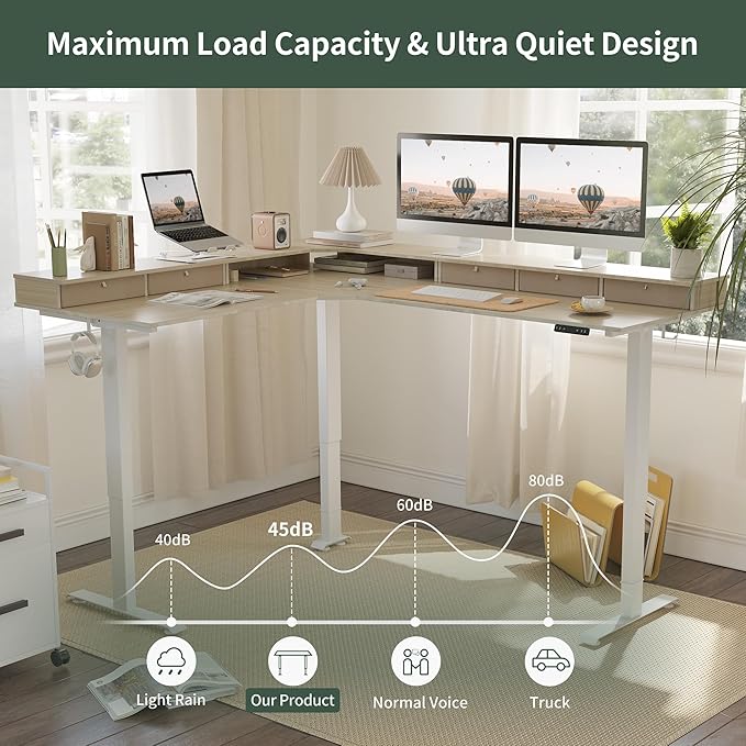 FEZIBO Triple Motor 75" L Shaped Standing Desk with 5 Drawers, Reversible Electric Standing Gaming Desk Adjustable Height, Corner Stand up Desk with Splice Board, White Frame/Light Walnut Top - LeafyLoom