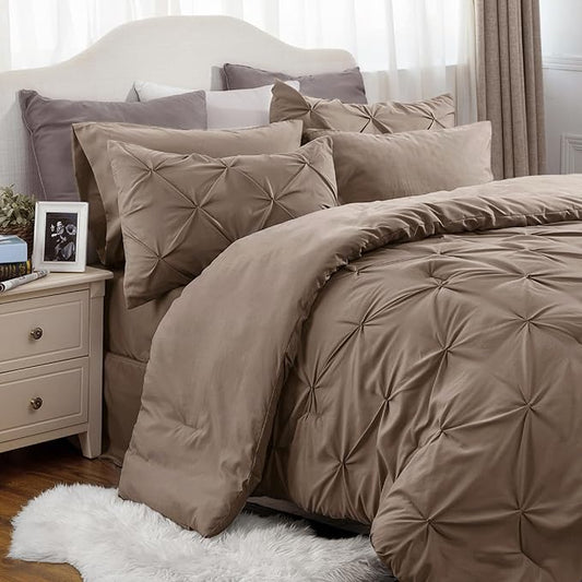 Bedsure King Size Comforter Set - Bedding Set King 7 Pieces, Pintuck Bed in a Bag Brown Bed Set with Comforter, Sheets, Pillowcases & Shams - LeafyLoom