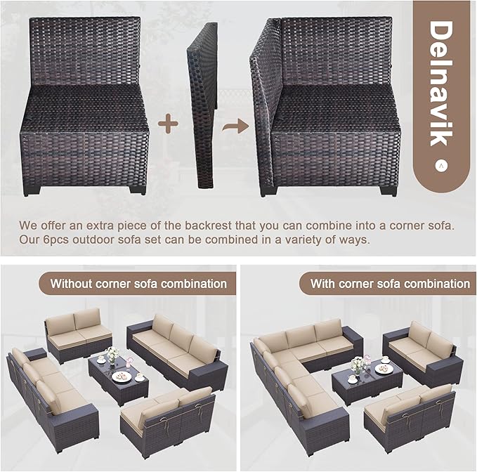 Patio Furniture Set Sofa 12-Pieces Wicker Sectional Sofa Set, Outdoor Furniture Rattan Patio Conversation Set with Thickened Cushions and Glass Coffee Table, Sand - LeafyLoom