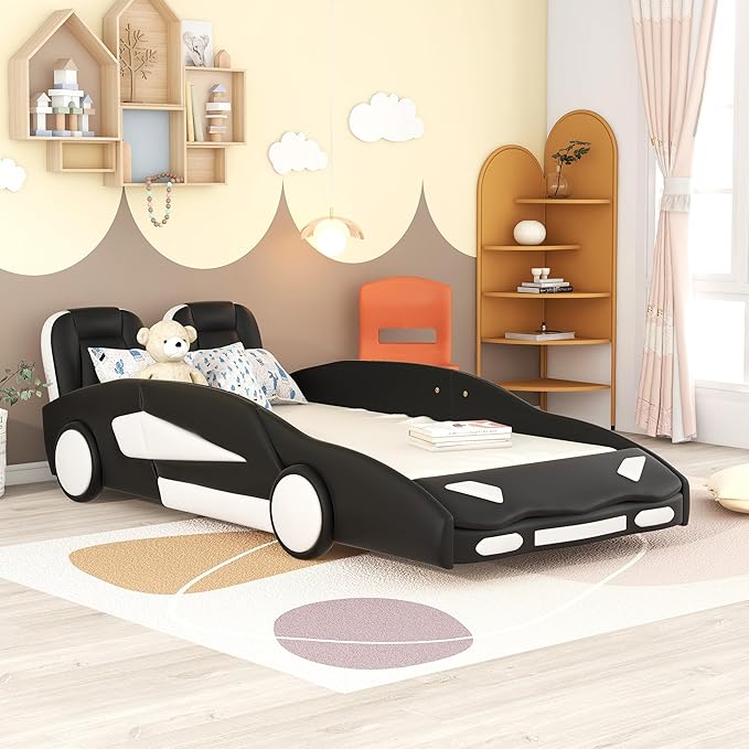 Twin Size Race Car-Shaped Bed Frame for Kids, Wooden Platform Bed with Guardrail and Upholstered Headboard, Wheels and Support Slats, for Boys Girls Child's Bedroom, No Spring Need (Black) - LeafyLoom