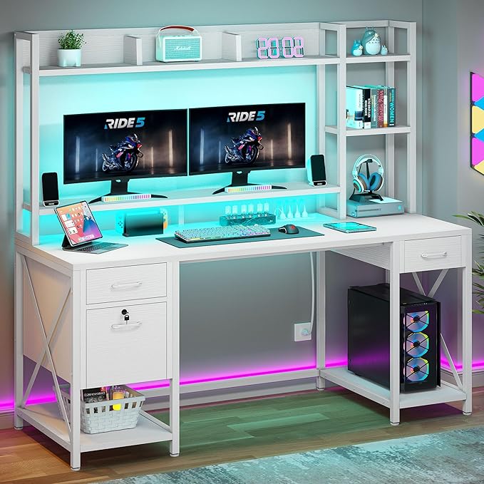 YITAHOME Computer Desk with Drawers & Hutch, 59.1" Office Desk with LED Lights & Power Outlets, Gaming Desk with Monitor Stand & Storage Shelves, White - LeafyLoom