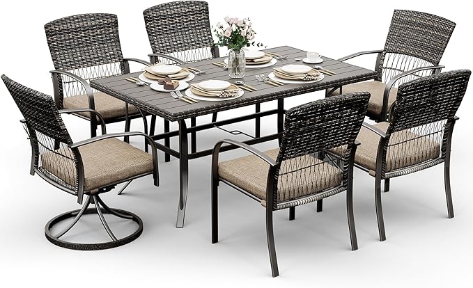 Pamapic 7 Piece Patio Dining Set for 6,Outdoor Wicker Furniture Set for Backyard Garden Deck Poolside with 4 Dining Chairs and 2 Swivel Rockers,Iron Slats Table Top, Removable Cushions(Beige) - LeafyLoom