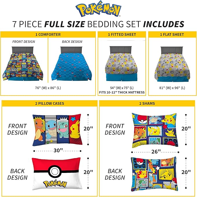 Franco Kids Bedding Super Soft Comforter and Sheet Set with Sham, 7 Piece Full Size, Pokemon - LeafyLoom