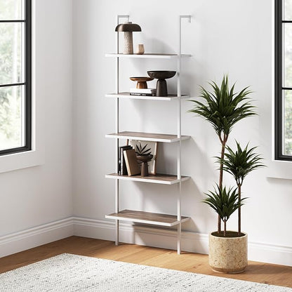 Nathan James Theo 5-Shelf Modern Bookcase, Open Wall Mount Ladder Bookshelf with Industrial Metal Frame, Gray Oak Wood/White - LeafyLoom