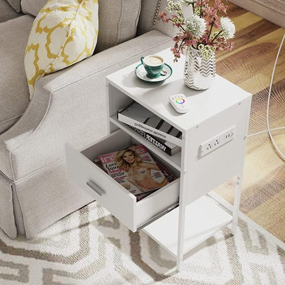 LDTTCUK Nightstand with Charging Station, Modern End Table with Drawer, White Bedside Table with Open Storage for Bedroom - LeafyLoom