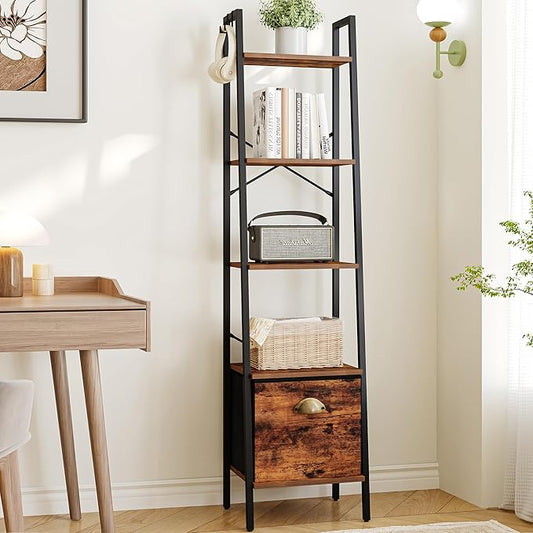 Narrow Bookshelf Bookcase with Drawer, Ladder Shelf with 2 Hooks, Bookshelves Storage Organizer, Freestanding Display Standing for Home Office, Bedroom, 5 Tier Rustic Brown BC19501B - LeafyLoom