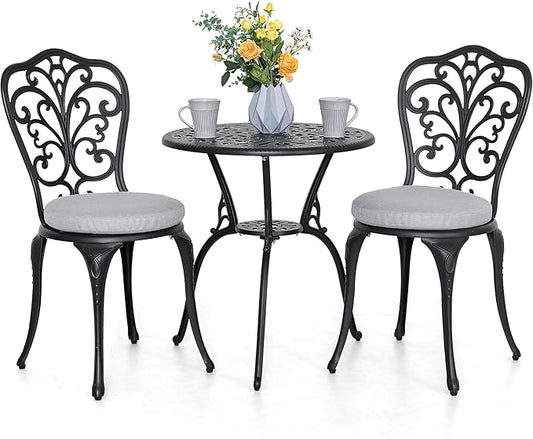 NUU GARDEN Bistro Set 3 Piece Outdoor All Weather Cast Aluminum Patio Bistro Set Patio Table and Chairs Set of 2 with Umbrella Hole and Gray Cushions for Backyard, Balcony, Lawn, Black - LeafyLoom