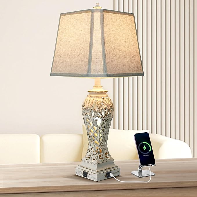 Table Lamps for Bedroom Living Room, Bedside Lamp with Fabric Shades, 29'' Tall Coastal Nautical Lampwith USB and Nightlight - LeafyLoom