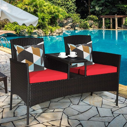 LUARANE Outdoor Rattan Sofas, Contract Patio Conversation Set Wicker Sofa Set with Built-in Coffee Table, Patio Furniture Set with Cushions, Rattan Loveseat for Lawn Backyard Garden (Brown+Red) - LeafyLoom