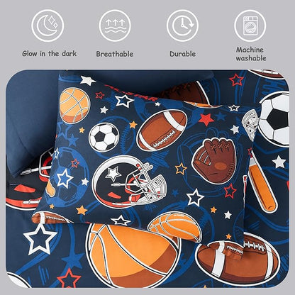 Sports Ball Games Twin Comforter Set with Sheets - 5 Pieces Kids Twin Bedding Sets for Boys, Glow in The Dark Baseball Basketball Football Soccer Twin Bed in a Bag for Kids, Teens - LeafyLoom