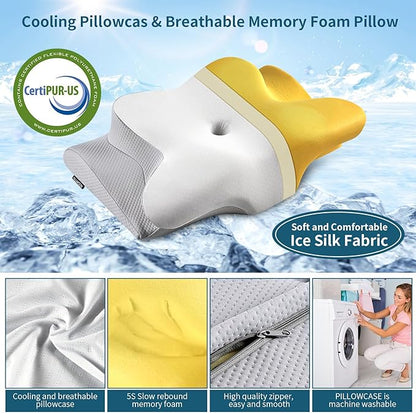 Neck Pillow Cervical Memory Foam Pillows for Pain Relief Sleeping, Ergonomic Pillow for Shoulder Pain, Orthopedic Contour Bed Pillow for Side, Back & Stomach Sleepers with Cooling Pillowcase - LeafyLoom