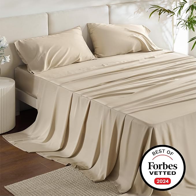 Bedsure Full Size Sheets, Cooling Sheets Full, Rayon Derived from Bamboo, Deep Pocket Up to 16", Breathable & Soft Bed Sheets, Hotel Luxury Silky Bedding Sheets & Pillowcases, Beige - LeafyLoom