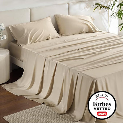 Bedsure Full Size Sheets, Cooling Sheets Full, Rayon Derived from Bamboo, Deep Pocket Up to 16", Breathable & Soft Bed Sheets, Hotel Luxury Silky Bedding Sheets & Pillowcases, Beige - LeafyLoom