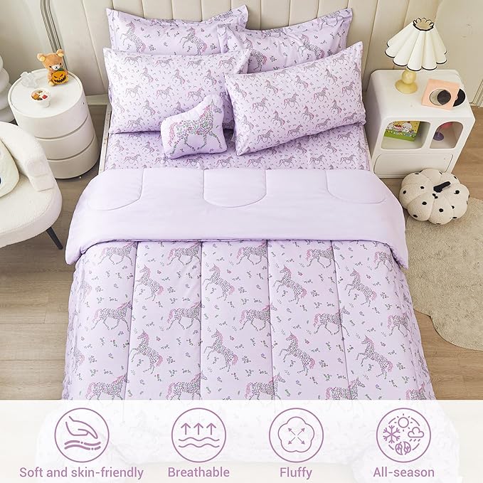 Mooreeke Full Size Comforter Sets for Girls Kids, 8 Pieces Bed in a Bag Purple Floral Unicorn Bedding Comforter Sheet Set with Shams and Decorative Toy Pillow, Ultral Soft Microfiber Kids Bed Set - LeafyLoom