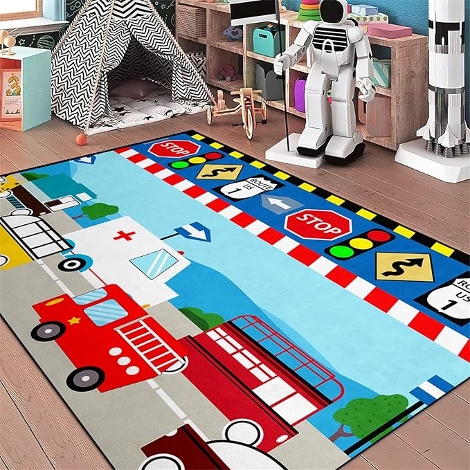 Cartoon Ambulance Car Area Rug Car Carpet for Kids Play Rug for Cars and Trucks Car Rug Play Mat Car Track Rug Truck Rugs for Boys Room Rugs for Boys Bedroom,Light Blue 3'×4' - LeafyLoom