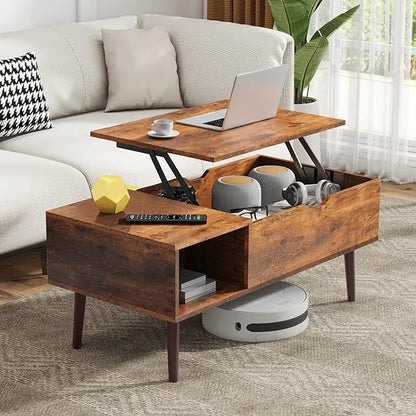 Coffee Table, Lift Top Coffee Tables for Living Room, Small Modern Wooden Center Tables with Storage Shelf and Hidden Compartment - LeafyLoom