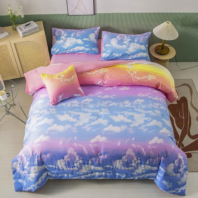 PERFEMET Full Size Bedding Sets for Girls, 6 Pieces Blue Sky and White Cloud Print Comforter Set Bed in A Bag, Rainbow Ombre Bedding Comforter Sets with Sheets (Cloud Pattern, Full) - LeafyLoom