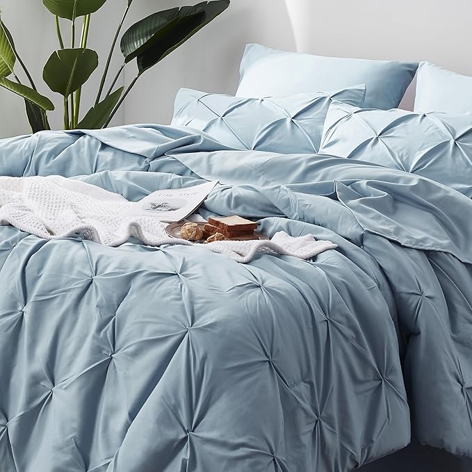 Bedsure Blue Comforter Set Queen - Bed in a Bag Queen 7 Pieces, Pintuck Bedding Sets Light Blue Bed Set with Comforter, Sheets, Pillowcases & Shams - LeafyLoom