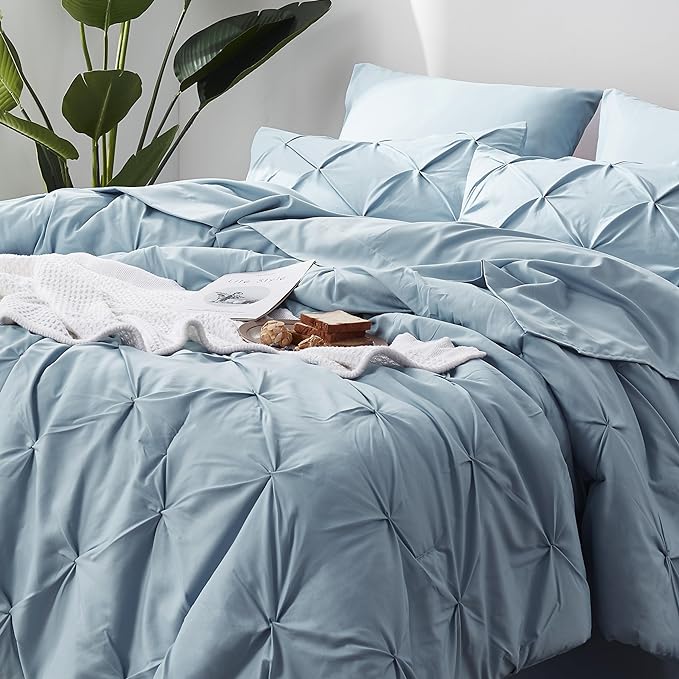 Bedsure Blue Comforter Set Queen - Bed in a Bag Queen 7 Pieces, Pintuck Bedding Sets Light Blue Bed Set with Comforter, Sheets, Pillowcases & Shams - LeafyLoom