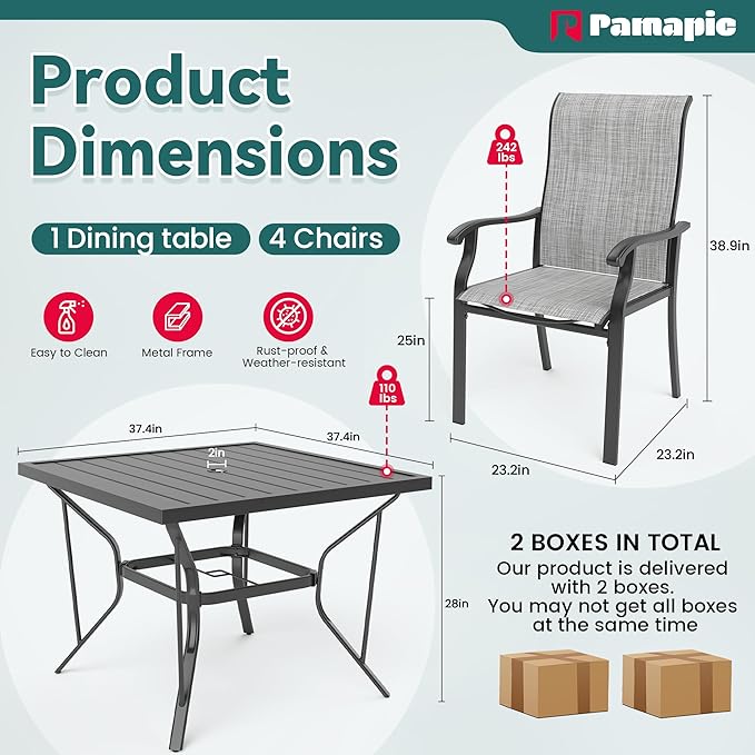 Pamapic 5 Pieces Patio Dining Set, Outdoor Dining Set for Garden Backyard Poolside Deck,Outdoor Table and Chairs Set with 4 Textilene Chairs,Gray - LeafyLoom