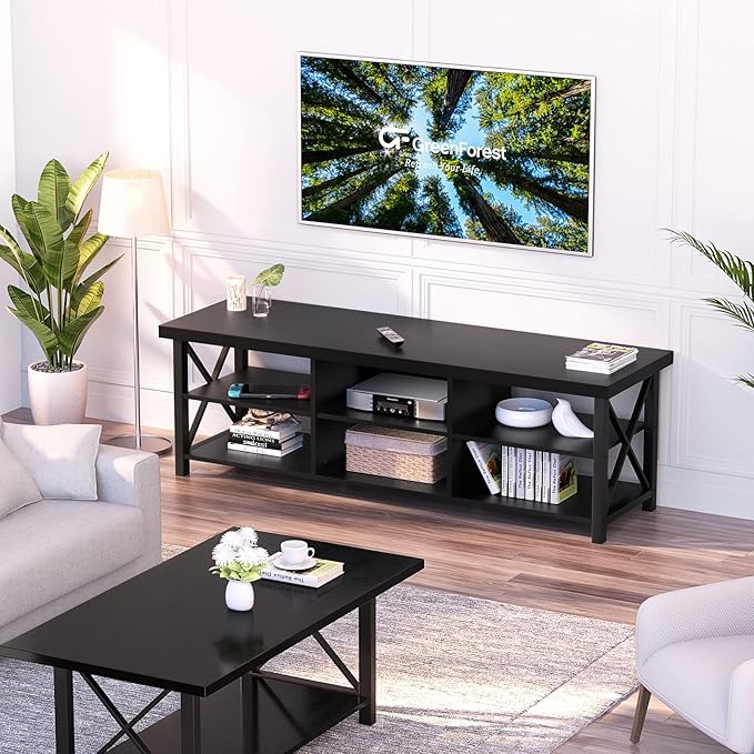 GreenForest TV Stand for TV up to 65 inches, Entertainment Center with 6 Storage Cabinet for Living Room, 55 inch Farmhouse Television Stands Console Table, Industrial TV stands for Living Room, Black - LeafyLoom