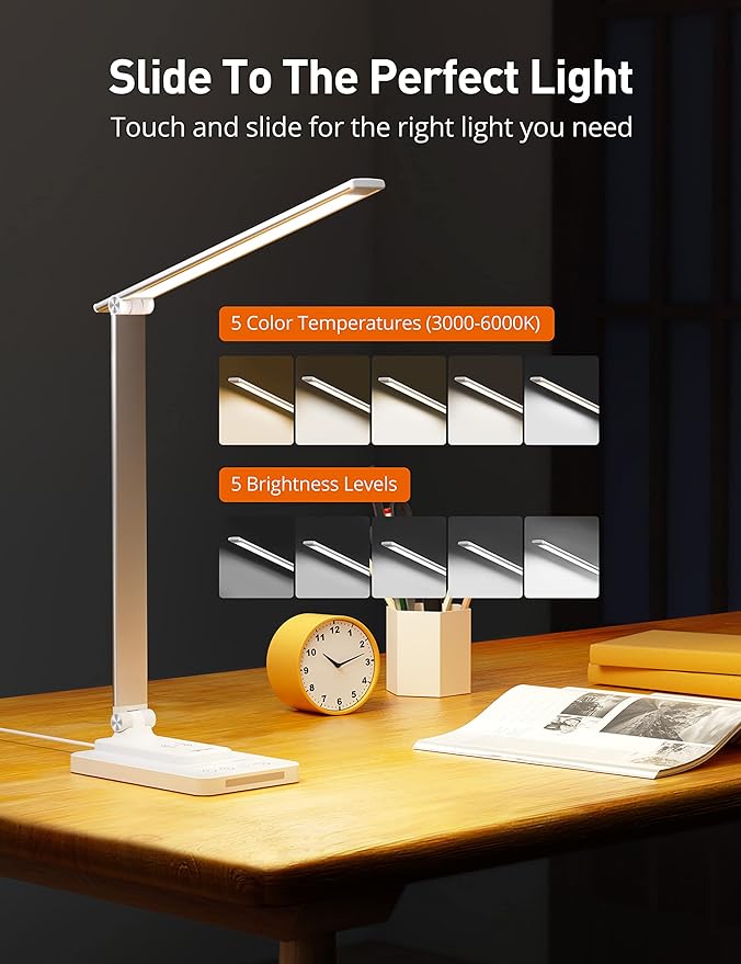 LED Desk Lamp, Desk Lamp with Wireless Charger, Dimmable Eye-Caring Table Lamps with Night Light, USB Charging Port, 4 Color Modes, 4 Brightness Levels, Memory Function, Desk Light for Home Office - LeafyLoom