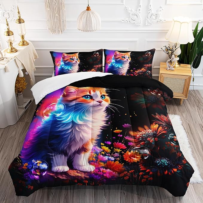 Cartoon Kawaii Cat Comforter Set Queen Size 3D Animals Flower Toddler Bedding Set Cat Lovers Animal Bubble Design Quilt Bed Set for Girls Kids Teens - LeafyLoom