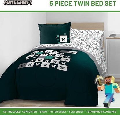 Minecraft Creeper Twin Comforter Set - 5 Piece Gamer Bedding includes Sheet Set & Pillow Covers - Super Soft Checkered Kids Bedding - LeafyLoom