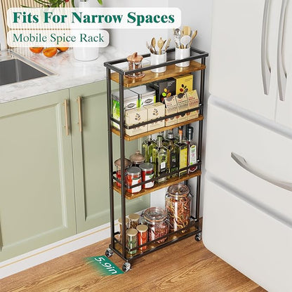 Slim Storage Cart 4 Tier Narrow Kitchen Rolling Cart on Wheels for Small Space, Mobile Spice Rack Seasoning Organizer Utility Serving Cart for Kitchen Bathroom Laundry, Brown - LeafyLoom