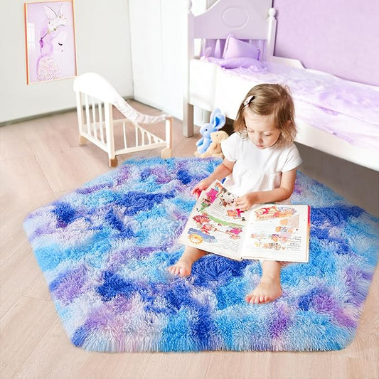 junovo Ultra Soft Hexagon Rug Fluffy Rainbow Nursery Rug for Princess Tent Kids Play Castle, Furry Hexagonal Carpet for Kids Girls Room Playhouse Classroom Dorm Home Decor, 4.6ft Tie-Dye Blue-Purple - LeafyLoom